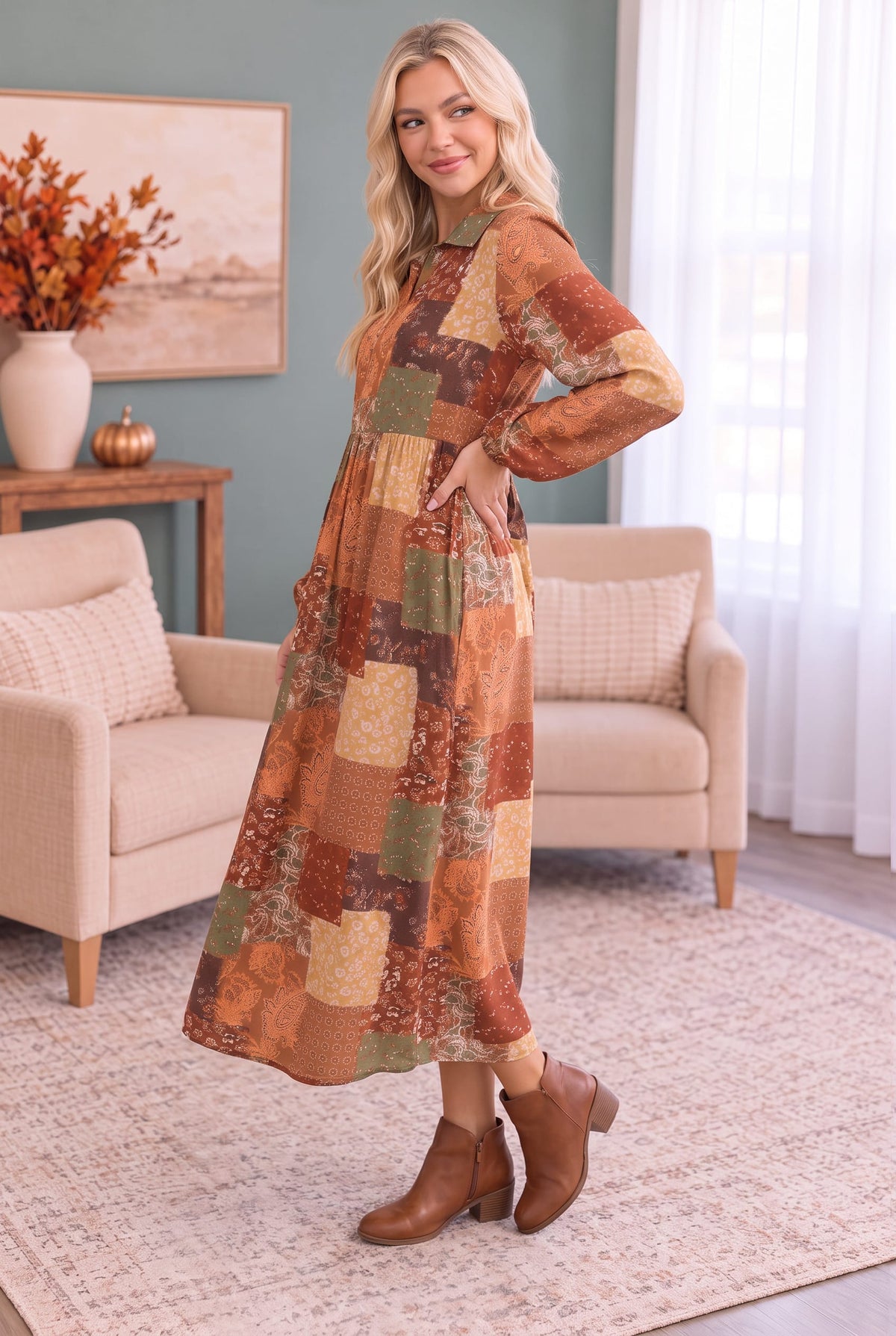 Long sleeve midi dress in brown autumn patchwork print, photo 3 of 3
