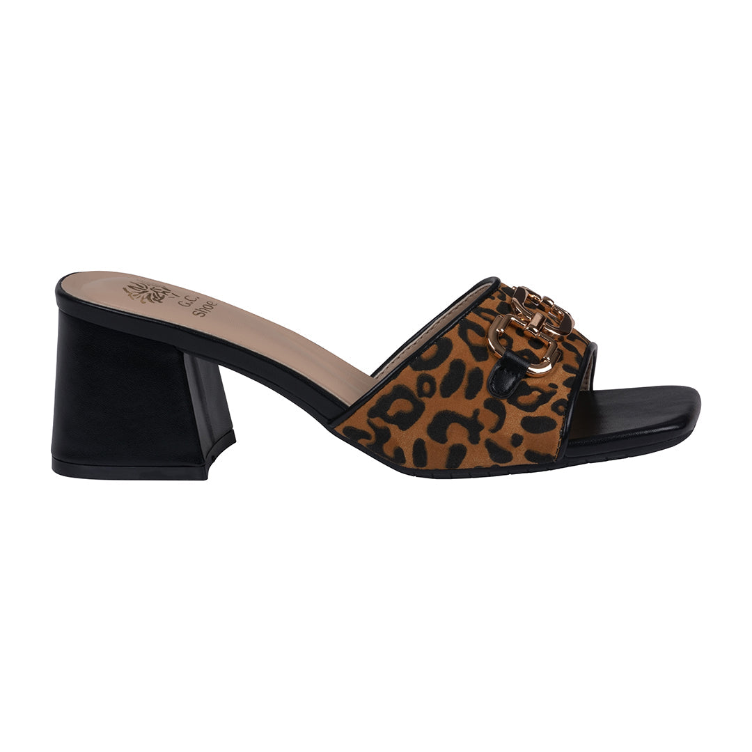 Black leopard heeled sandals with metallic hardware, photo 2 of 5