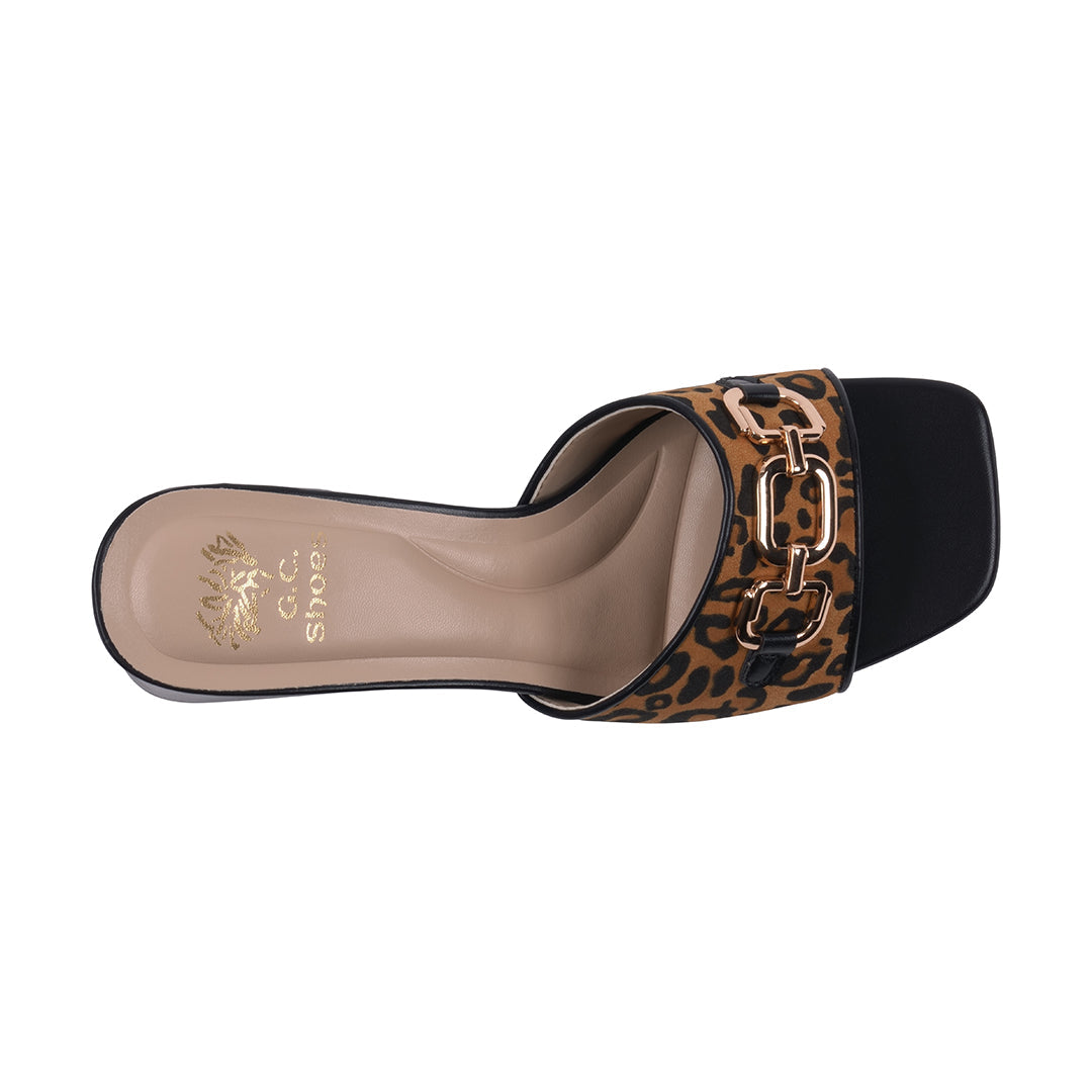 Black leopard heeled sandals with metallic hardware, photo 3 of 5