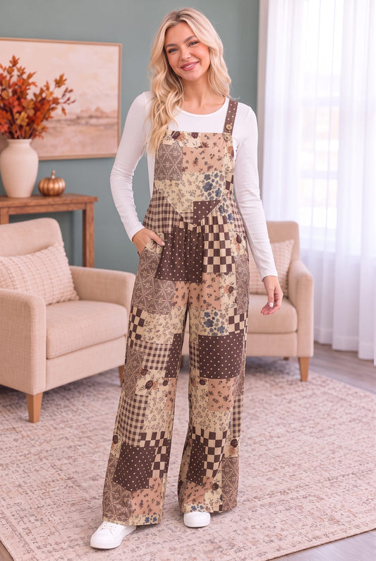 Wide leg overalls in floral, check, polka dot and plaid patchwork, photo 1 of 3