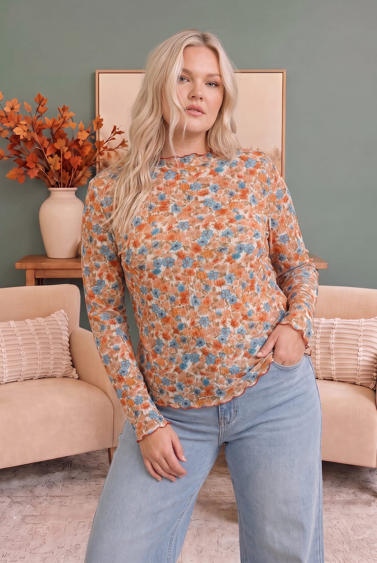 Long sleeve top with orange and dusty blue fall floral print, photo 3 of 5