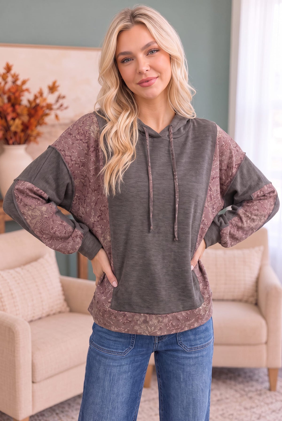 Brown patchwork drawstring hoodie with floral jacquard panels, photo 1 of 3