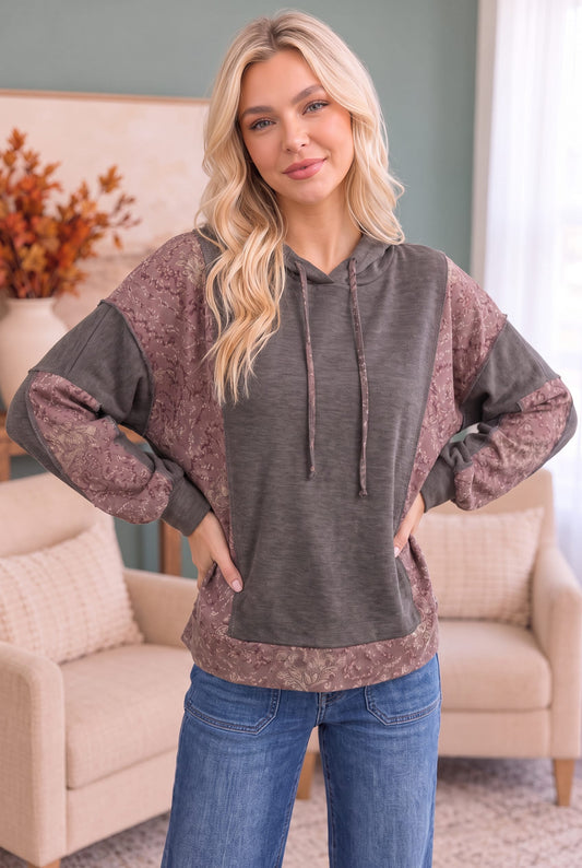 Brown patchwork drawstring hoodie with floral jacquard panels, photo 1 of 3