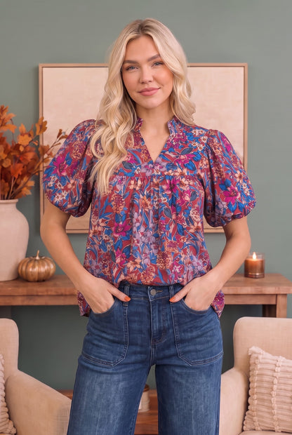 Jewel tone floral babydoll top with puff sleeves, photo 3 of 6