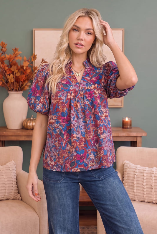 Jewel tone floral babydoll top with puff sleeves, photo 1 of 6