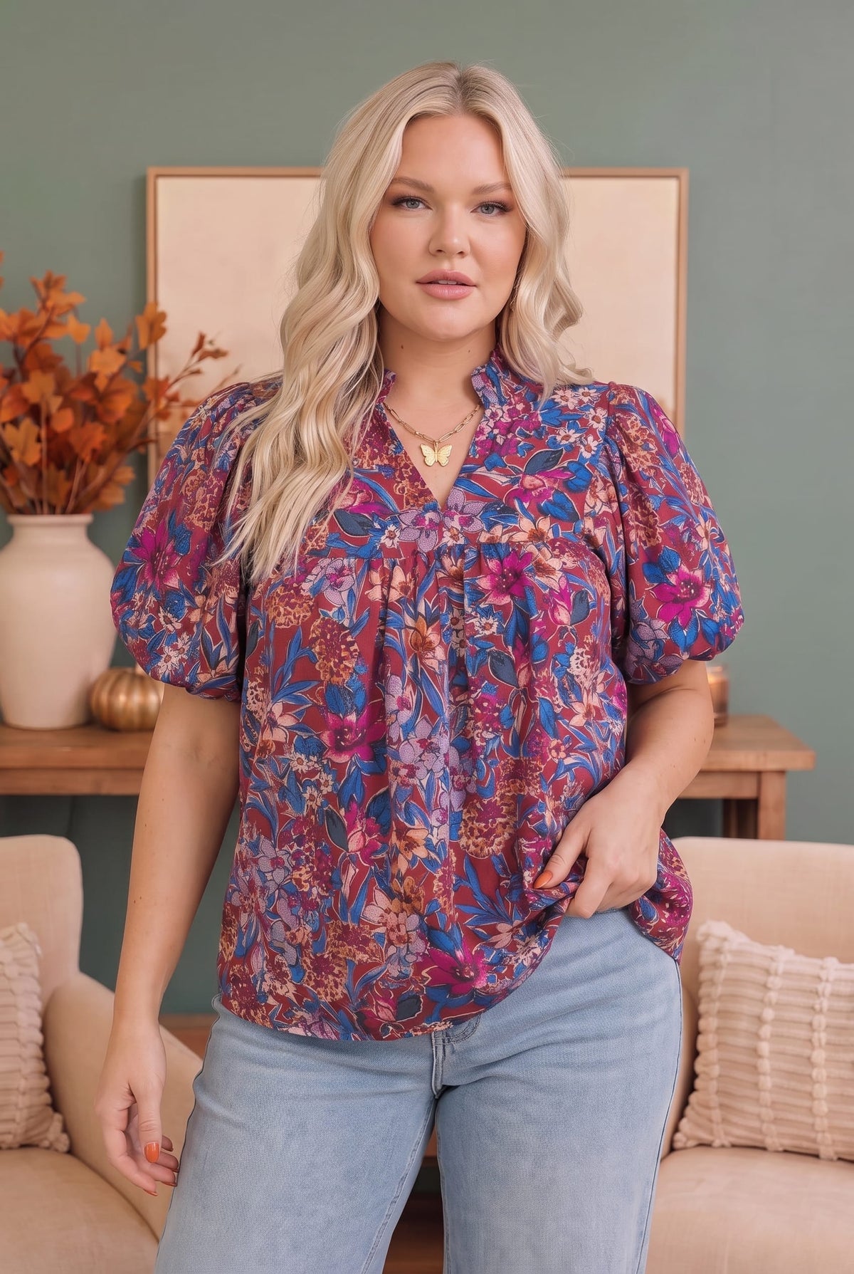 Jewel tone floral babydoll top with puff sleeves, photo 4 of 6