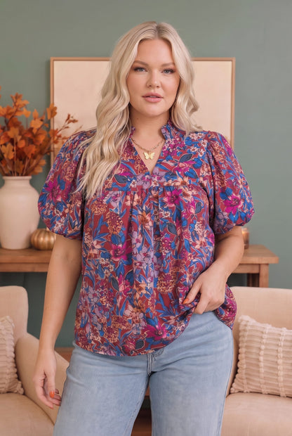 Jewel tone floral babydoll top with puff sleeves, photo 4 of 6