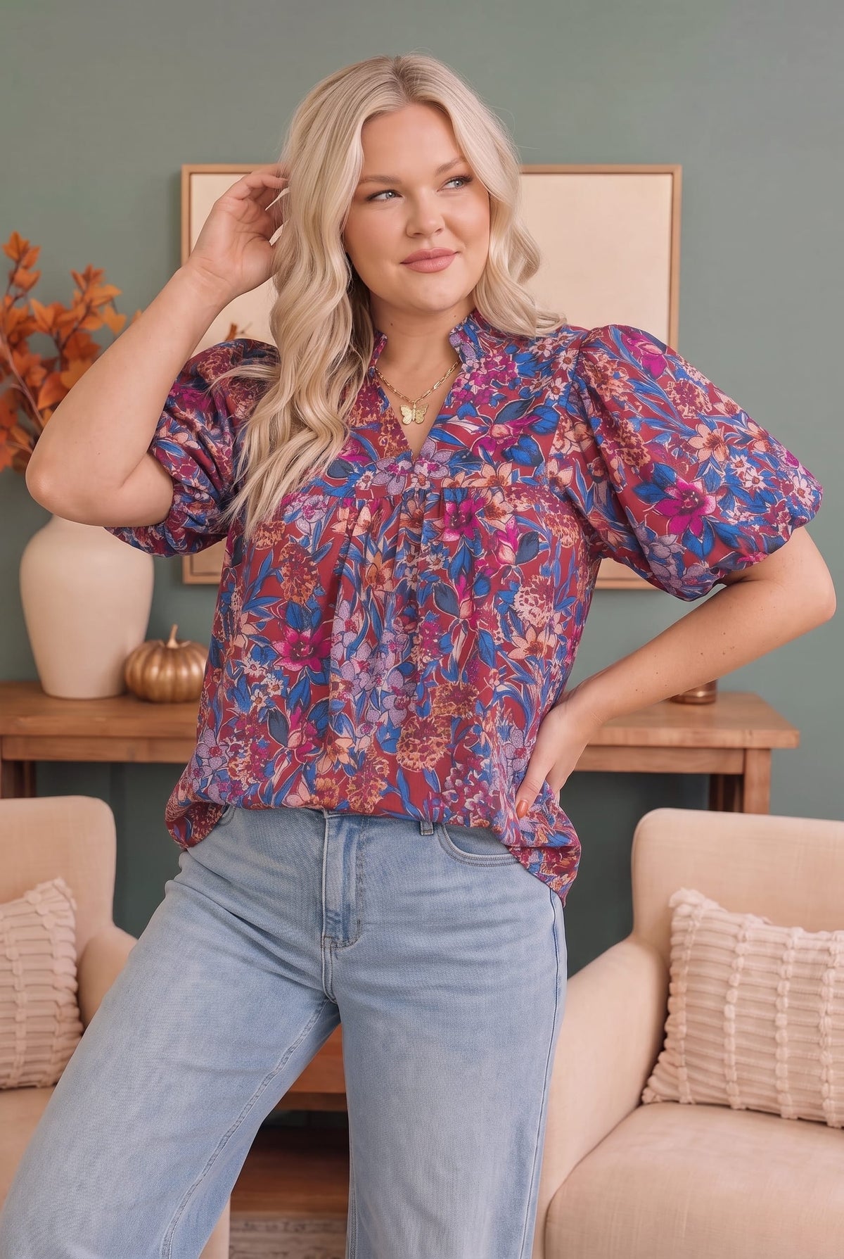 Jewel tone floral babydoll top with puff sleeves, photo 5 of 6