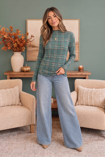 Plaid About You Mock Neck in Hunter Green