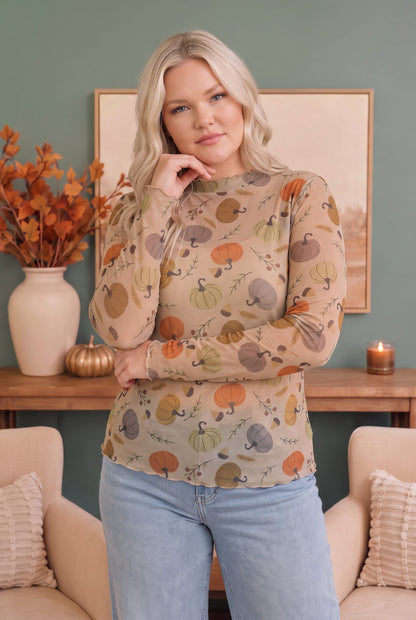 Sheer mesh long sleeve top with multicolor pumpkin print, photo 5 of 5