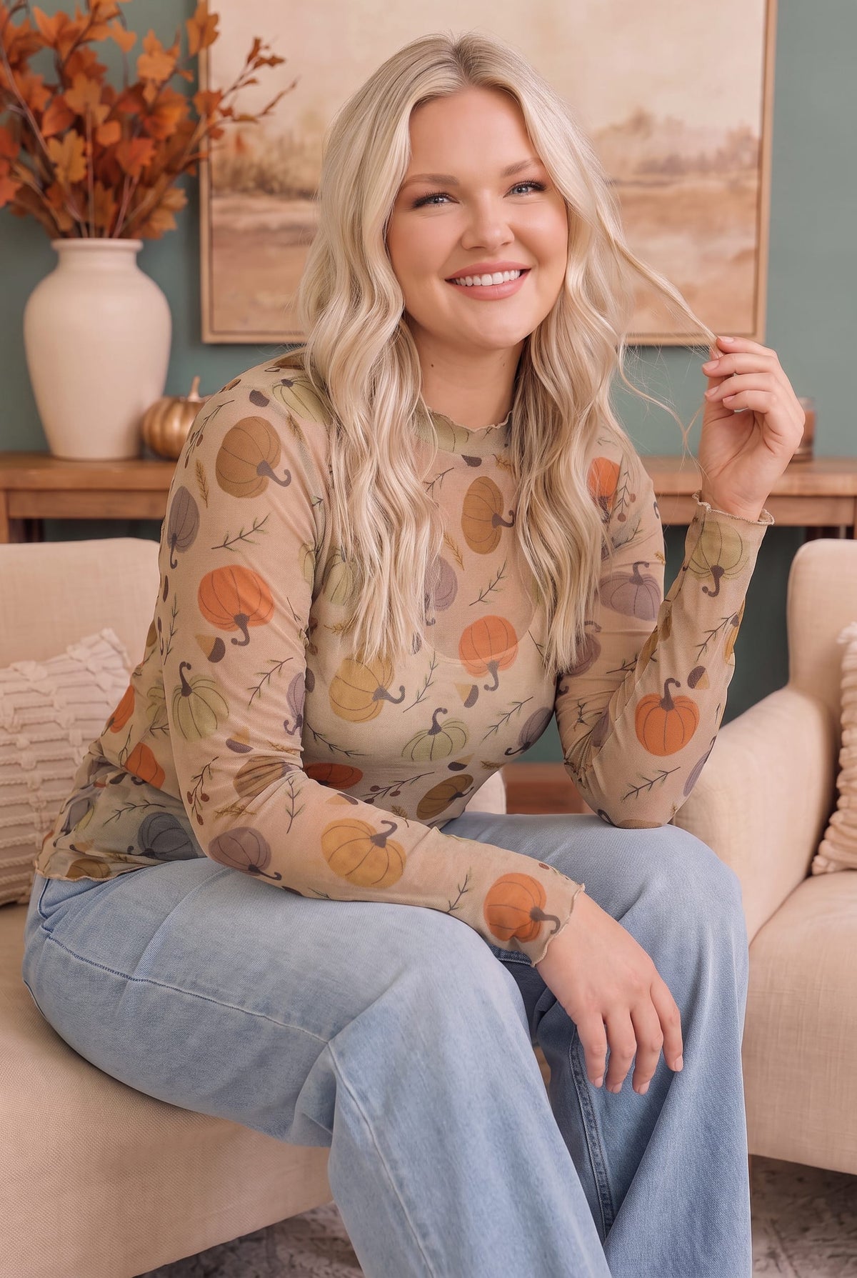 Sheer mesh long sleeve top with multicolor pumpkin print, photo 3 of 5