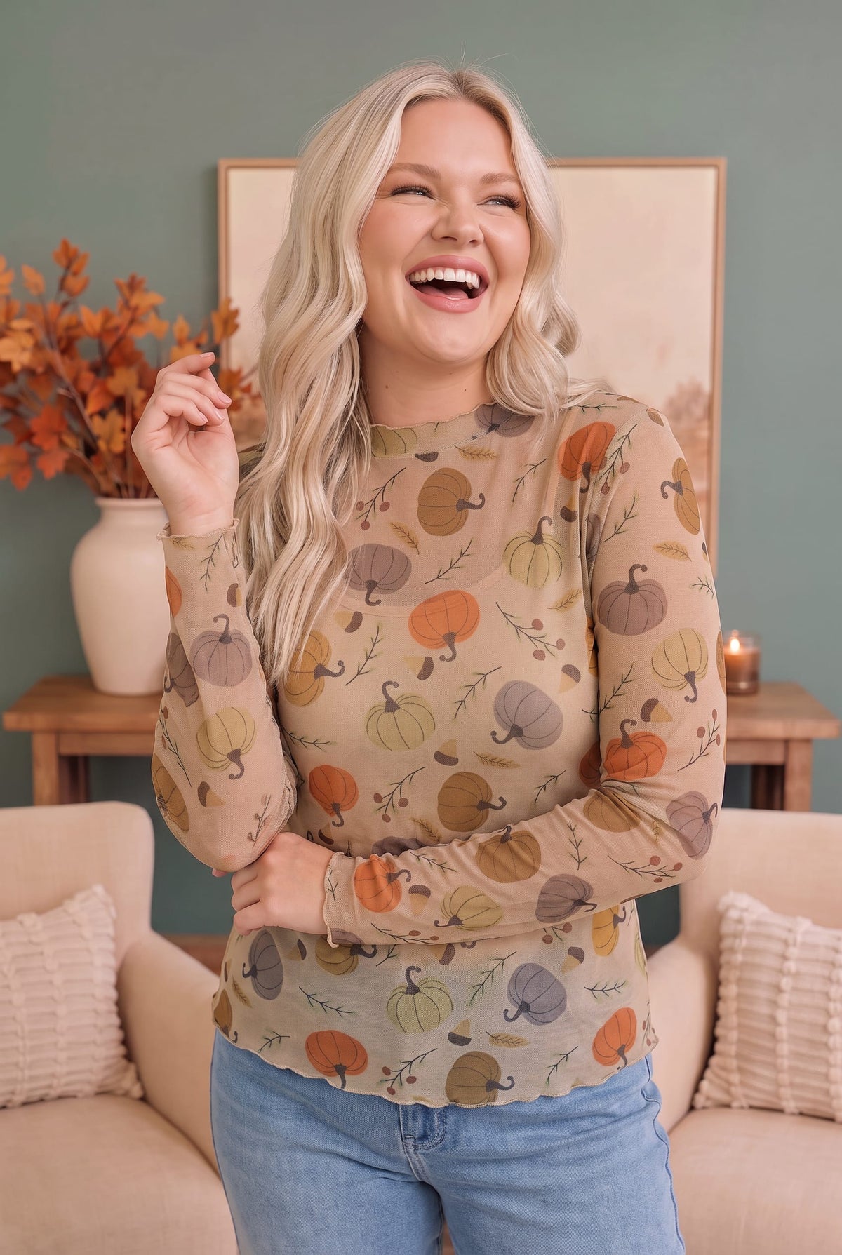 Sheer mesh long sleeve top with multicolor pumpkin print, photo 4 of 5