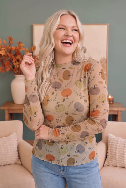 Sheer mesh long sleeve top with multicolor pumpkin print, photo 4 of 5
