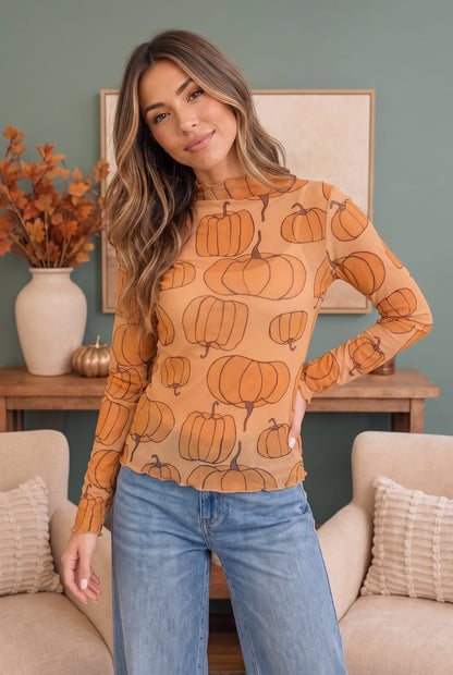 Mesh mock neck long sleeve top with pumpkin print, photo 1 of 6