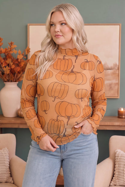 Mesh mock neck long sleeve top with pumpkin print, photo 2 of 6