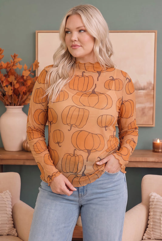 Mesh mock neck long sleeve top with pumpkin print, photo 2 of 6