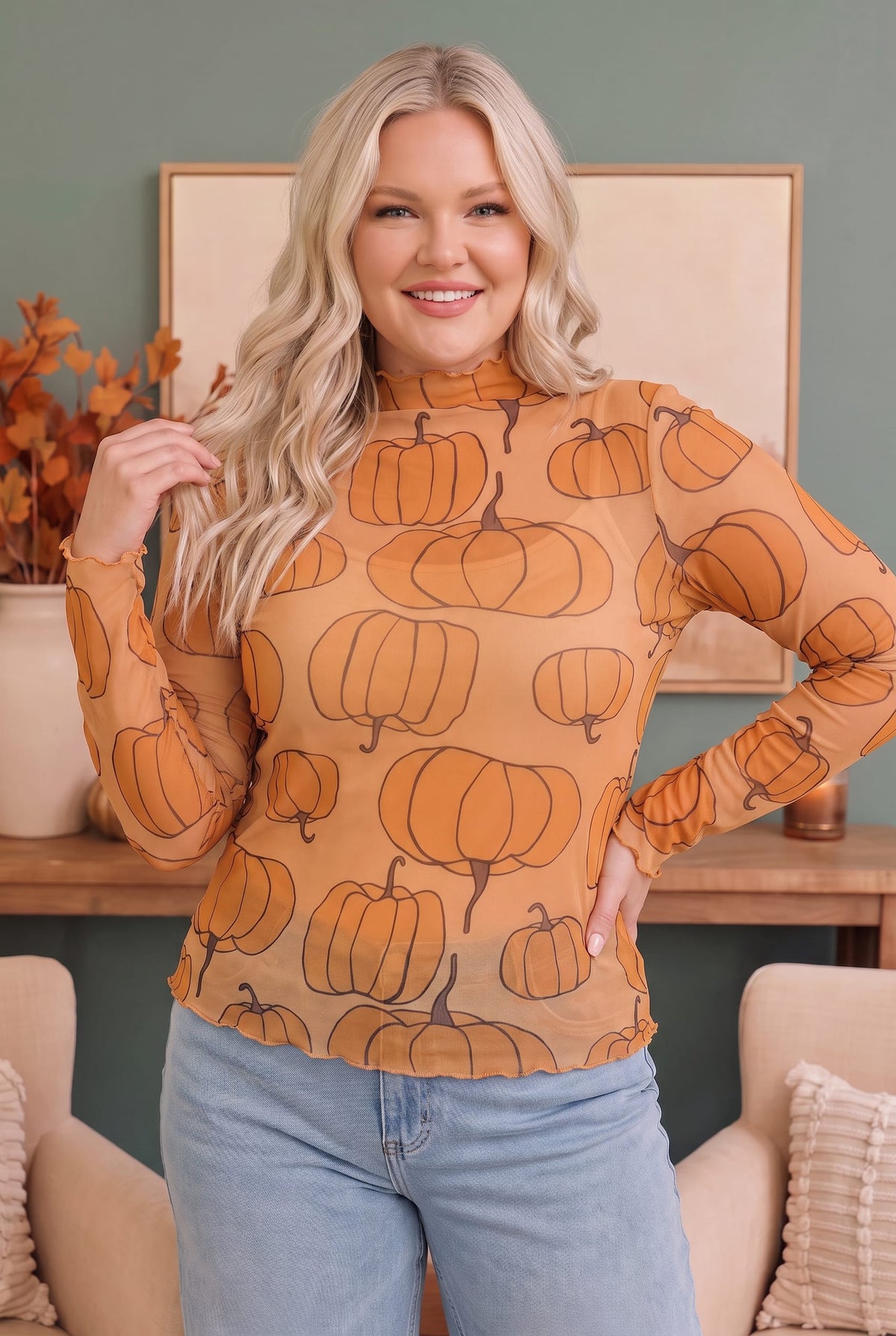 Mesh mock neck long sleeve top with pumpkin print, photo 4 of 6