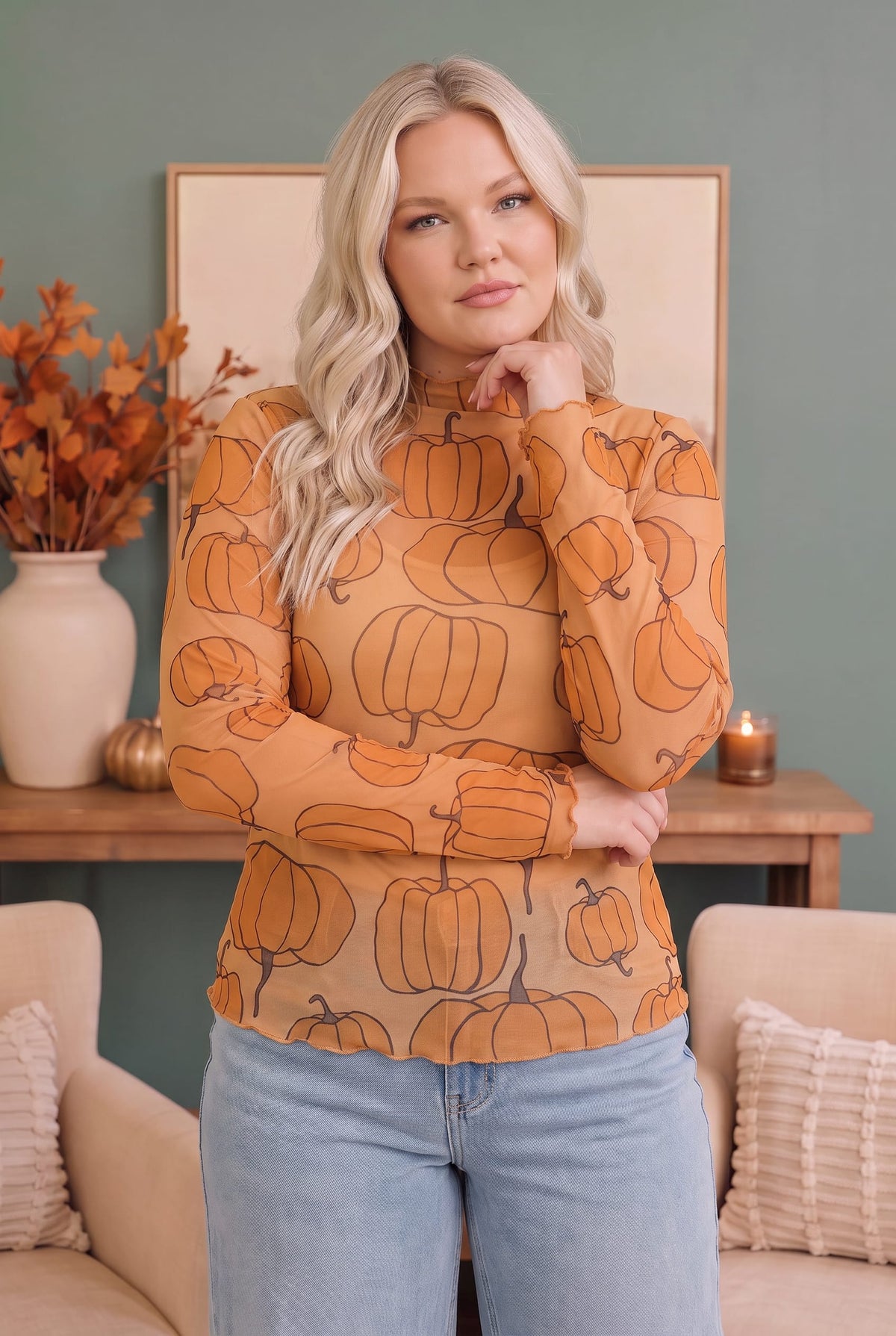 Mesh mock neck long sleeve top with pumpkin print, photo 5 of 6