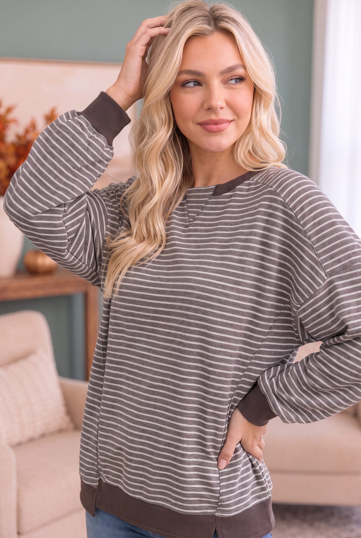 Mocha striped raglan pullover, photo 2 of 3