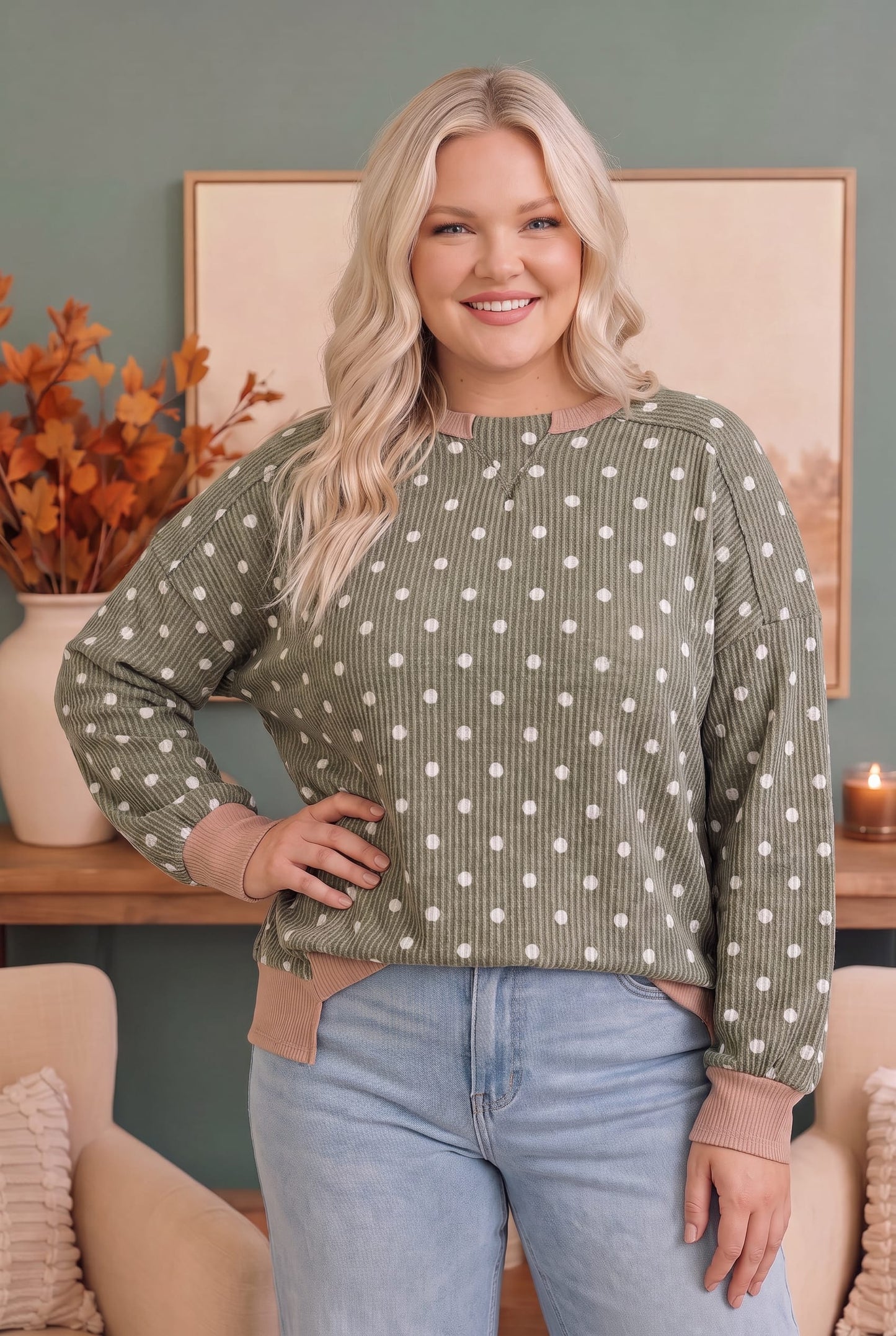 Cozy Dots Ribbed Pullover in Olive