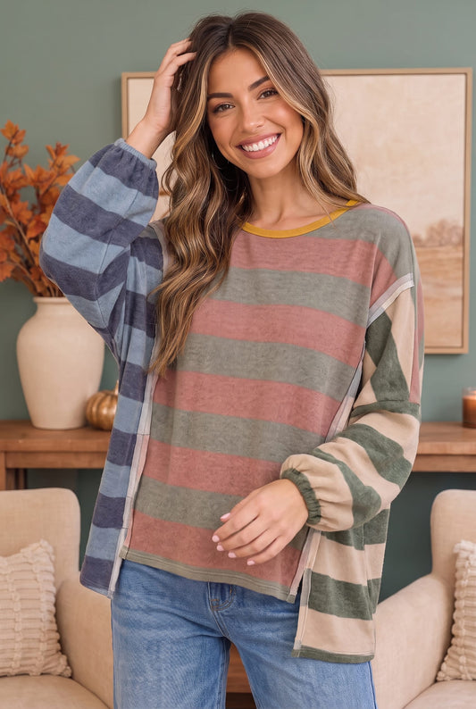 Long sleeve top in earthy and blue colorblock stripes, photo 1 of 3