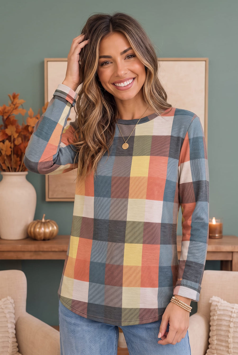 Terracotta, slate blue and cream plaid long sleeve top for women, a casual fall plaid outfit