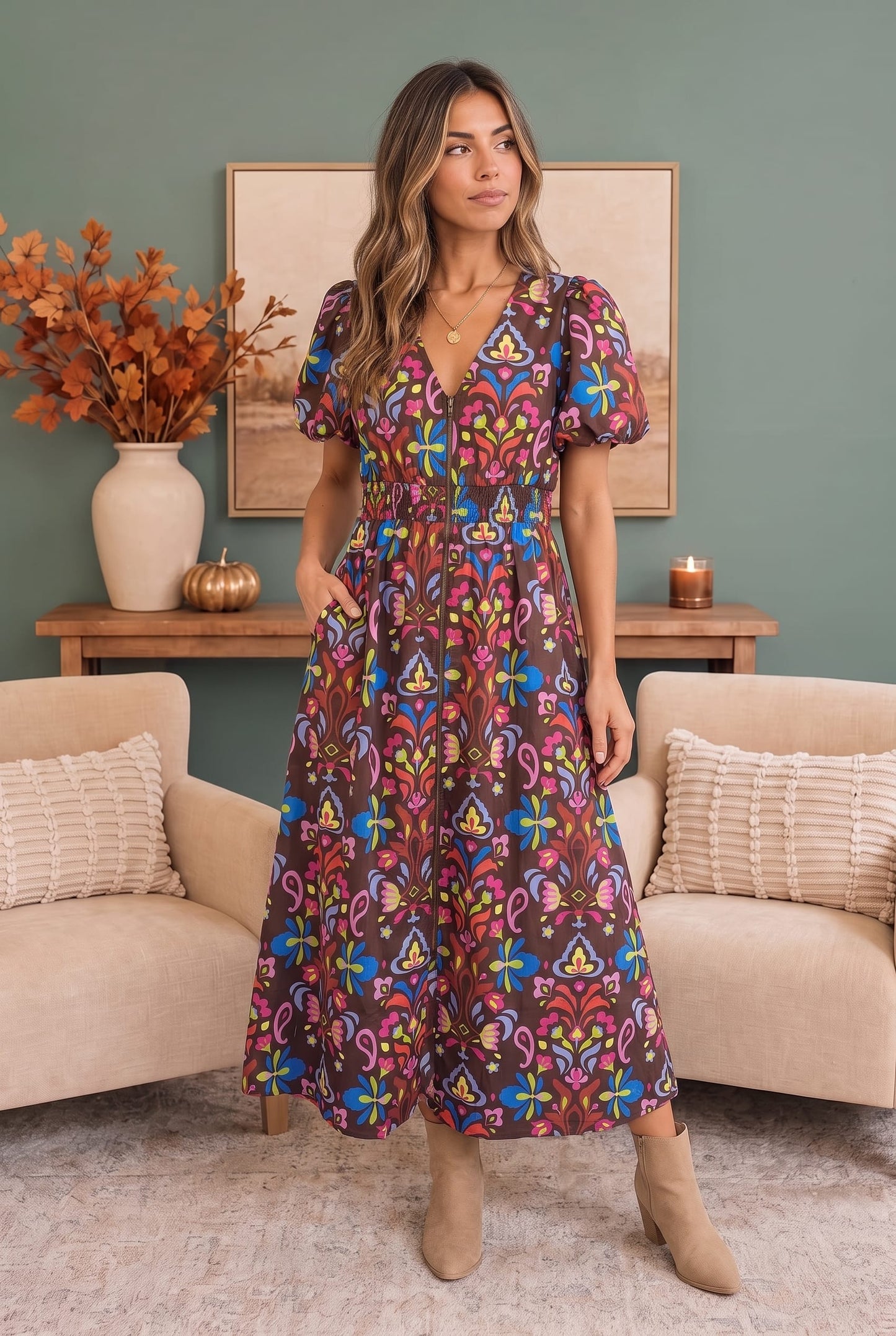 Groovy Garden Zip Front Floral Midi Dress