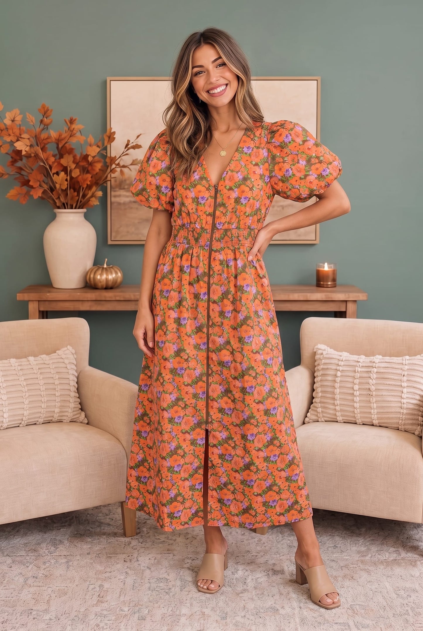 Bloom Into Fall Floral Cotton Zip Dress