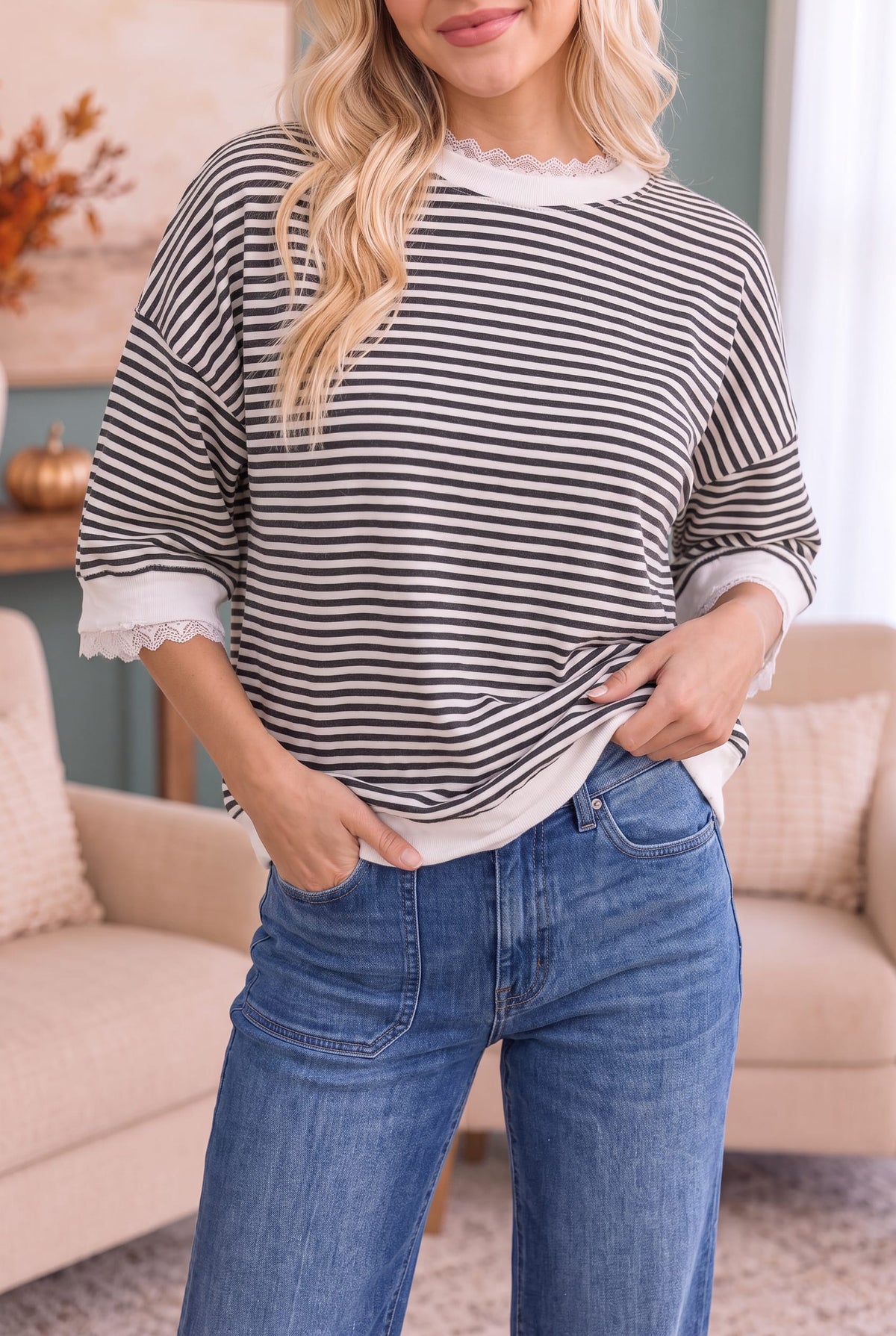 Striped knit top with lace trim, photo 2 of 3
