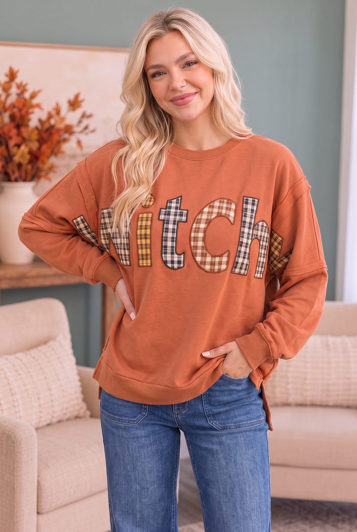 Rust sweatshirt with plaid patchwork lettering, photo 1 of 3
