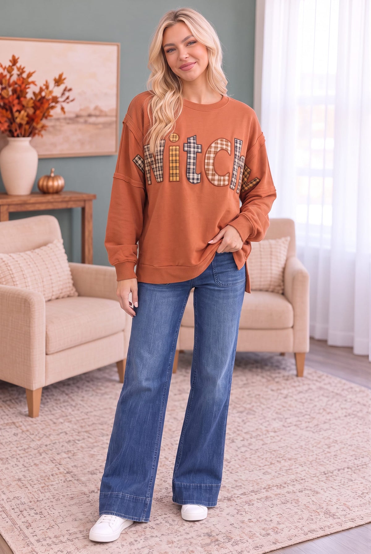 Rust sweatshirt with plaid patchwork lettering, photo 3 of 3