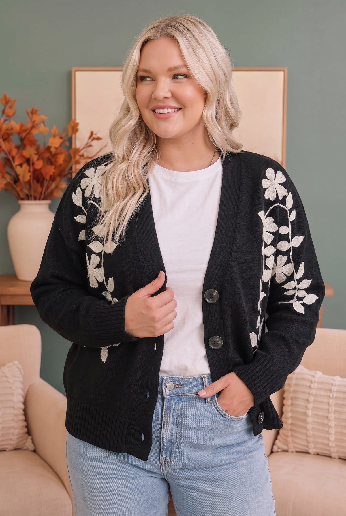 Black knit cardigan with cream floral embroidery, photo 3 of 4
