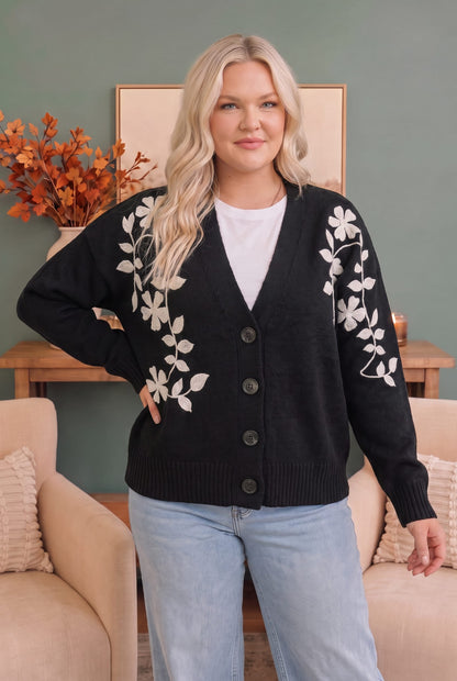 Black knit cardigan with cream floral embroidery, photo 4 of 4