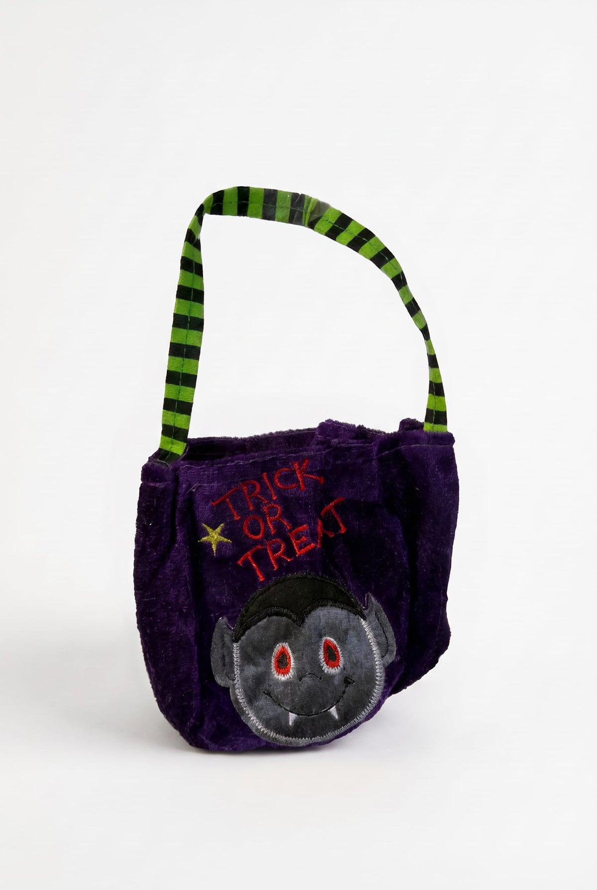Purple plush Halloween mini tote with embroidered bat face