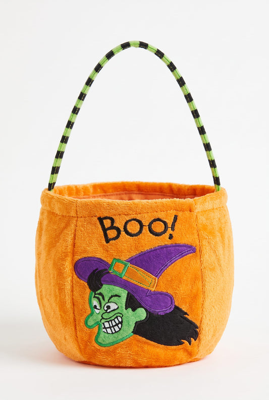 Orange plush Halloween mini tote with embroidered witch face