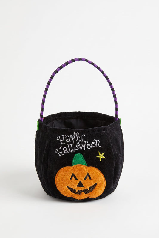 Black and orange plush Halloween mini tote with embroidered witch