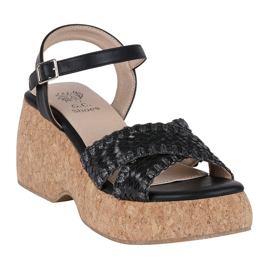 Black cross strap slingback platform sandals, photo 1 of 5