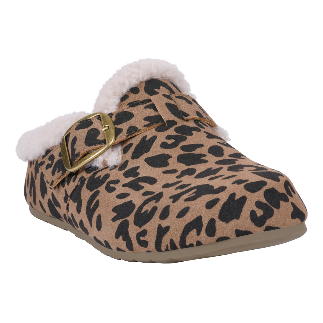 Leopard mule slipper with faux fur lining and buckle, photo 1 of 5