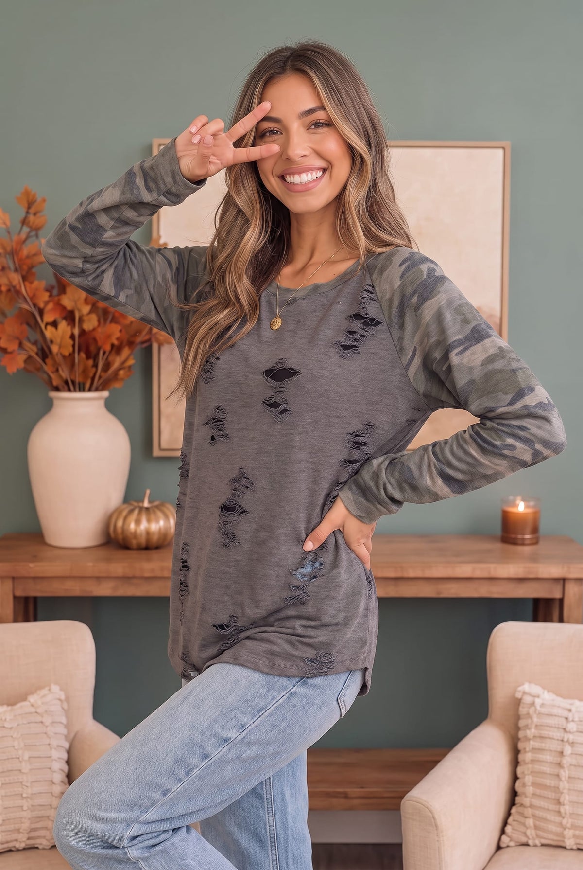 Charcoal distressed top with camo raglan sleeves, photo 1 of 4
