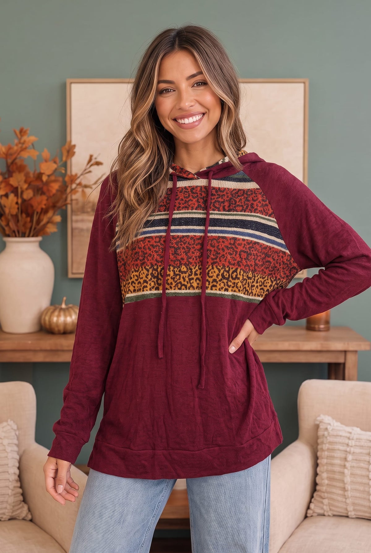 Burgundy knit hoodie with mixed print chest panel, photo 1 of 3