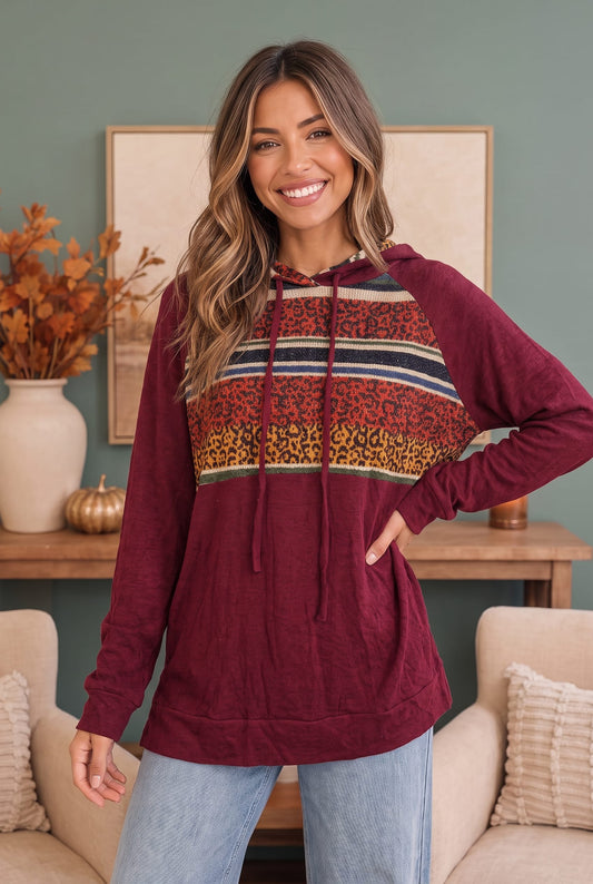 Burgundy knit hoodie with mixed print chest panel, photo 1 of 3