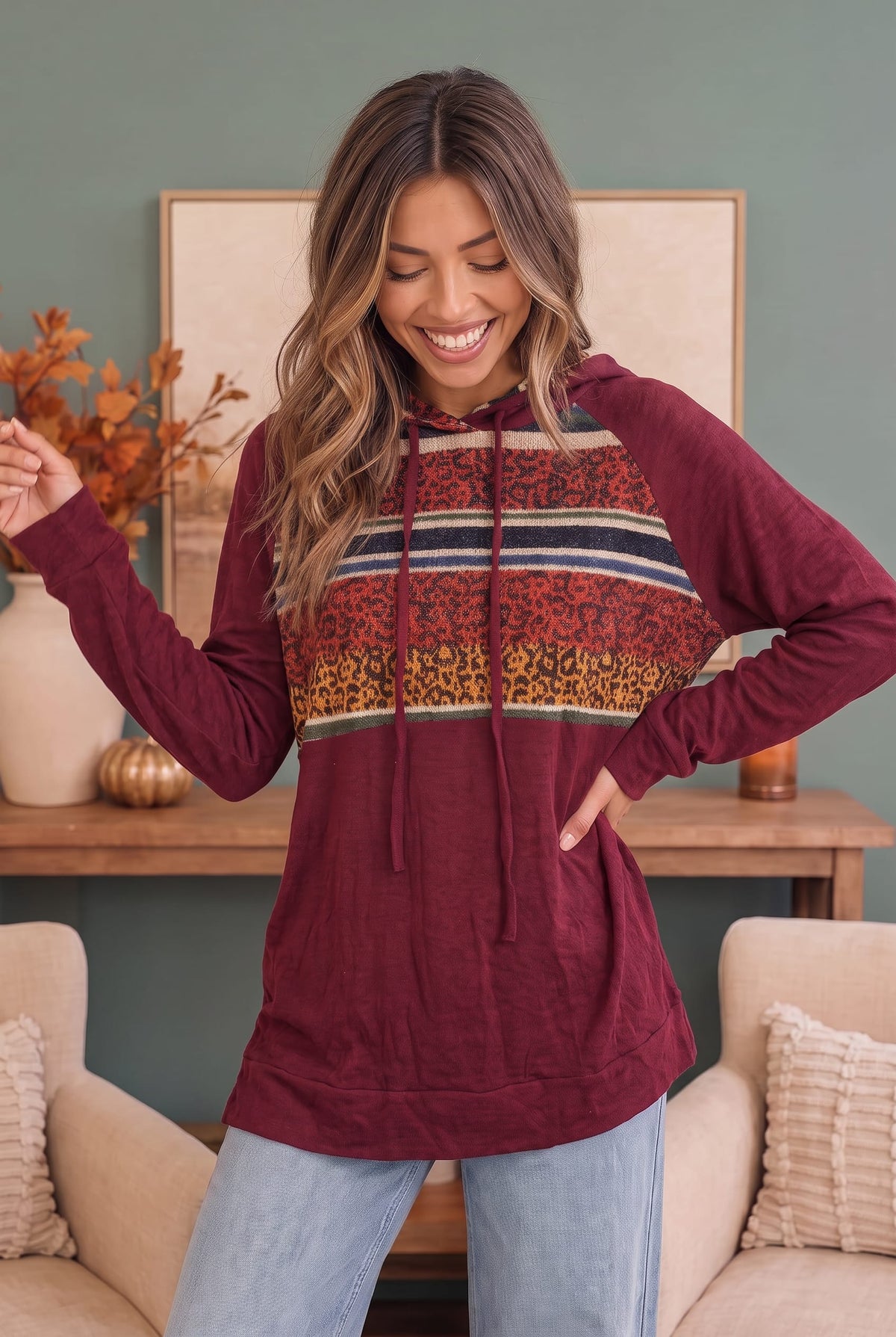 Burgundy knit hoodie with mixed print chest panel, photo 2 of 3