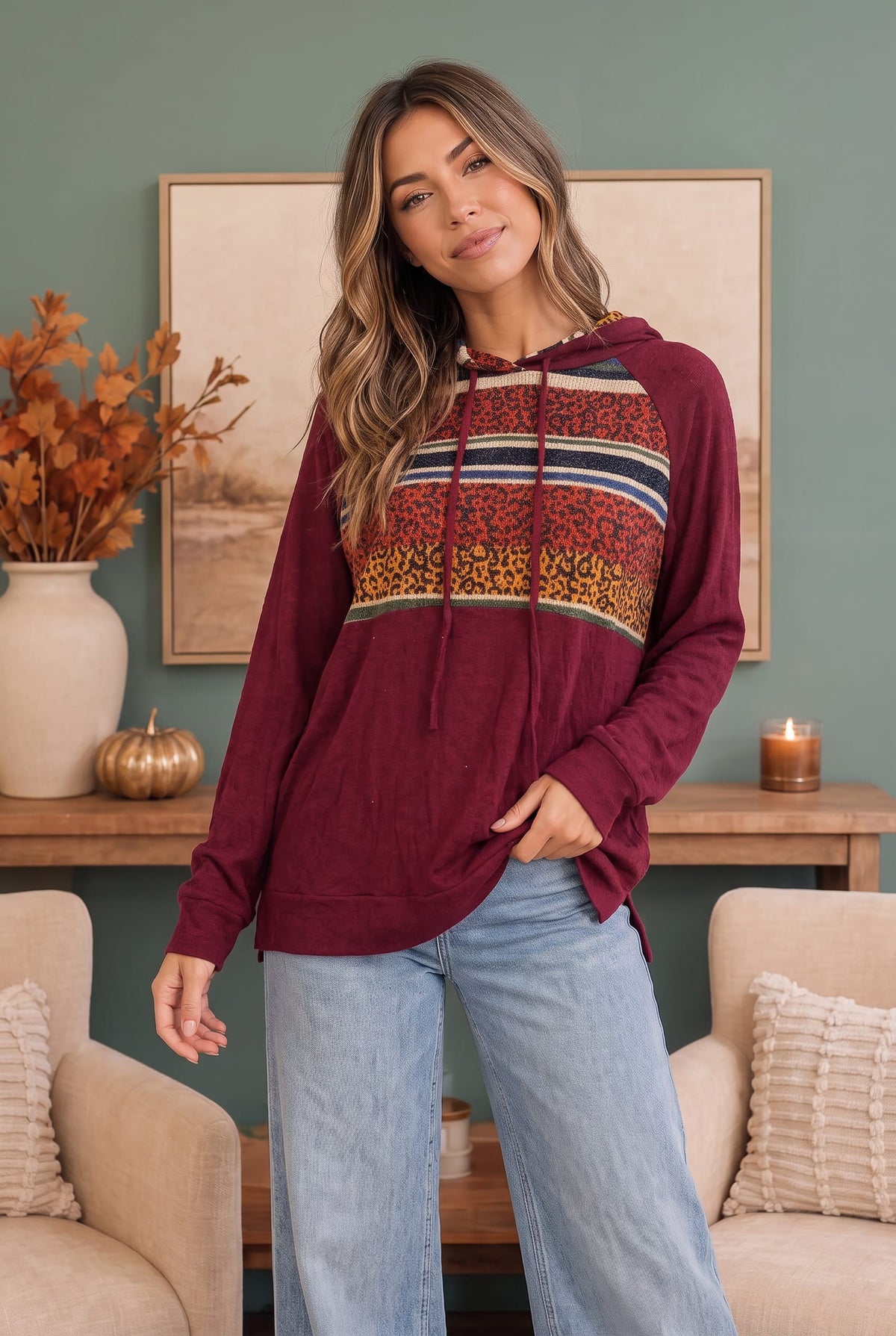 Burgundy knit hoodie with mixed print chest panel, photo 3 of 3