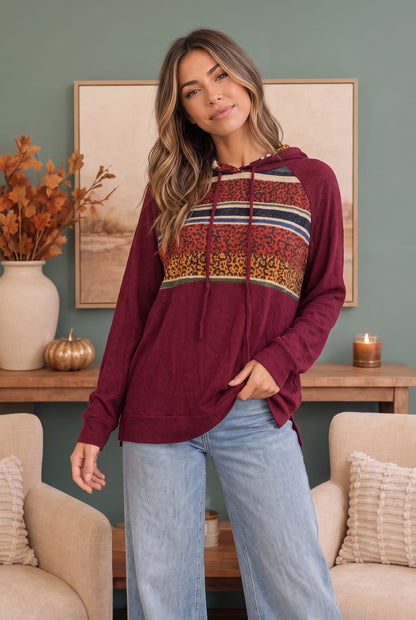 Burgundy knit hoodie with mixed print chest panel, photo 3 of 3