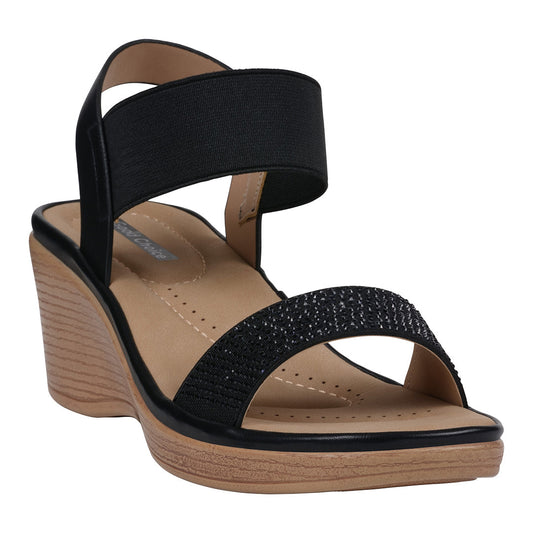 Black embellished elastic wedge sandals, photo 1 of 5