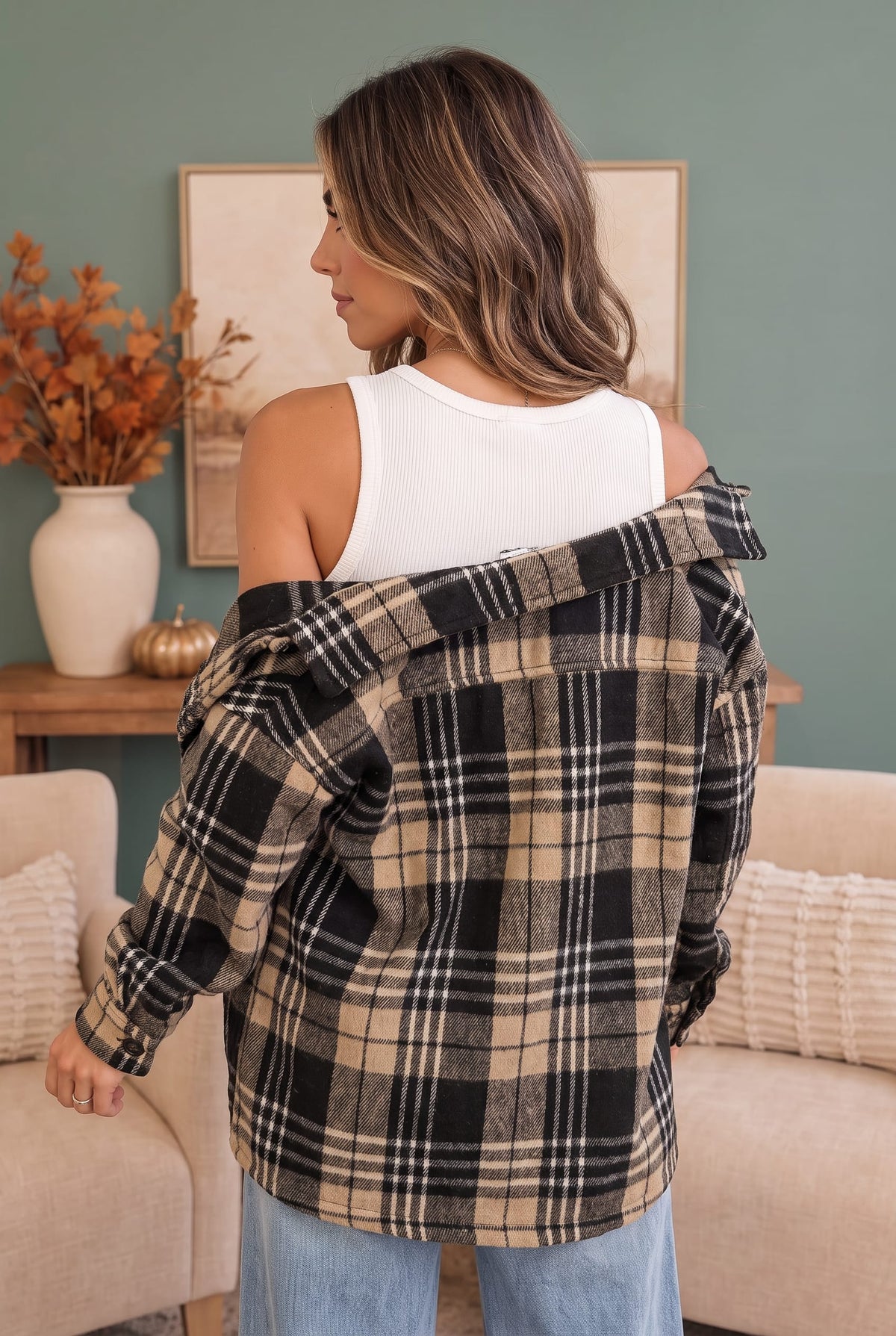 Khaki and black plaid sherpa lined shacket, photo 3 of 6