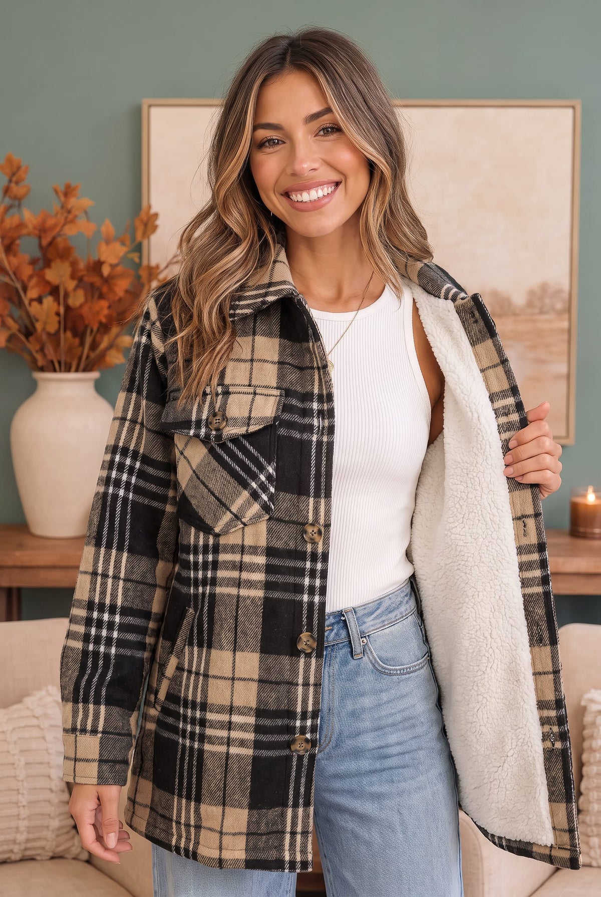 Khaki and black plaid sherpa lined shacket, photo 1 of 6