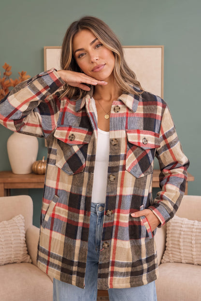Coffee brown plaid sherpa lined shacket, photo 2 of 3