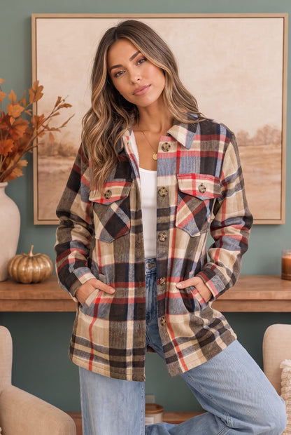 Coffee brown plaid sherpa lined shacket, photo 3 of 3