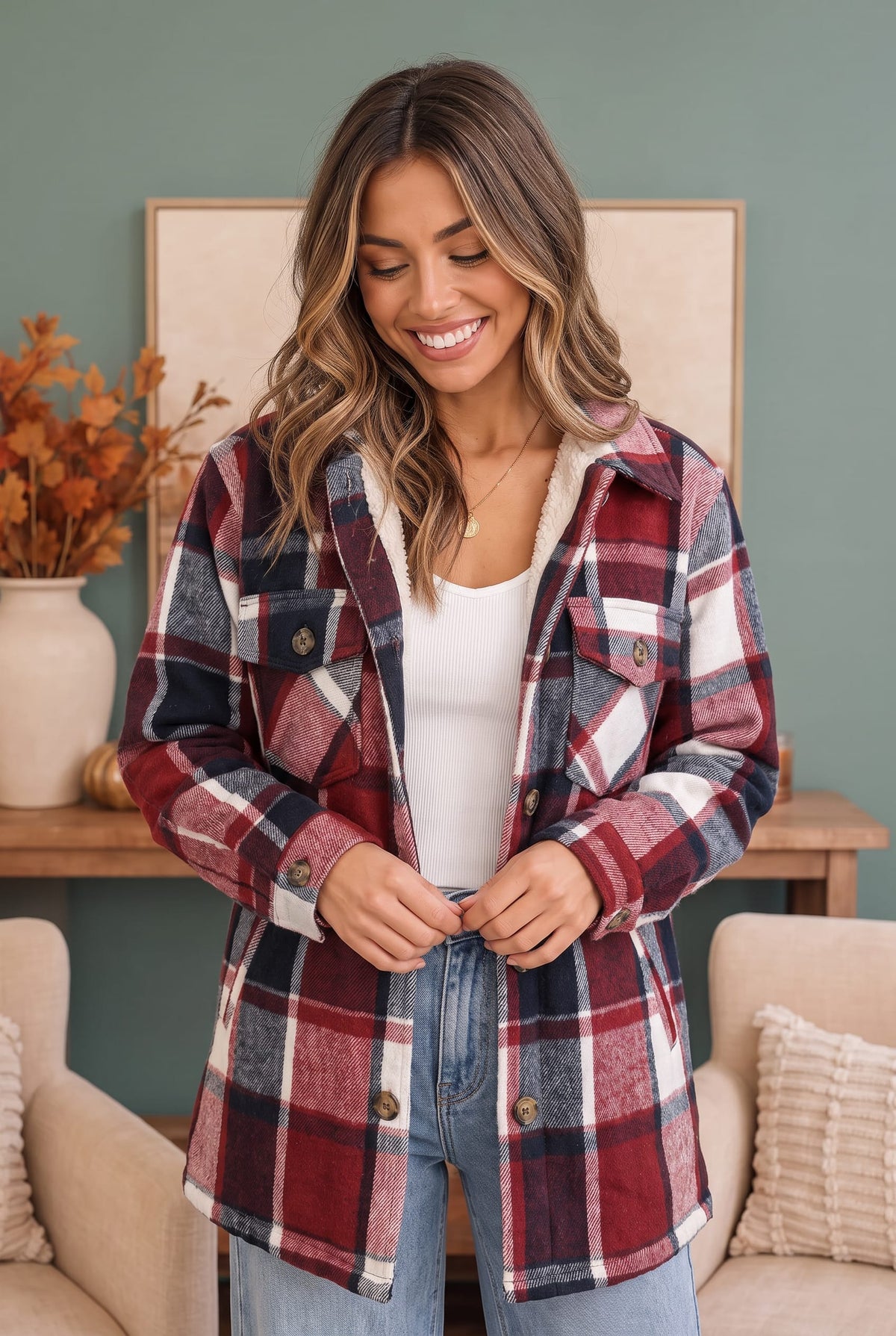 Plaid flannel shacket with sherpa lining, photo 1 of 4